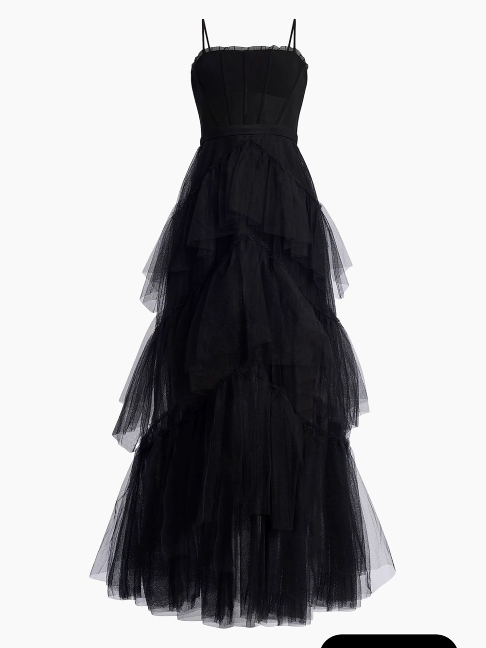 BCBGMaxAzria Black Tiered Tulle Maxi Gown with Spaghetti Straps